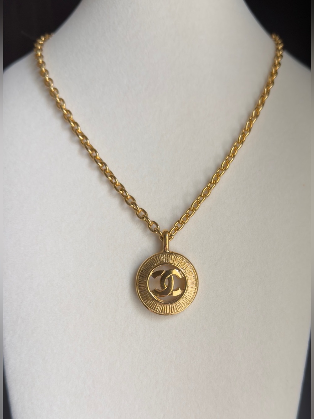 CHANEL Vintage CC SUNBURST Gold Plated Cut Out Medallion Pendant & Chain + COA